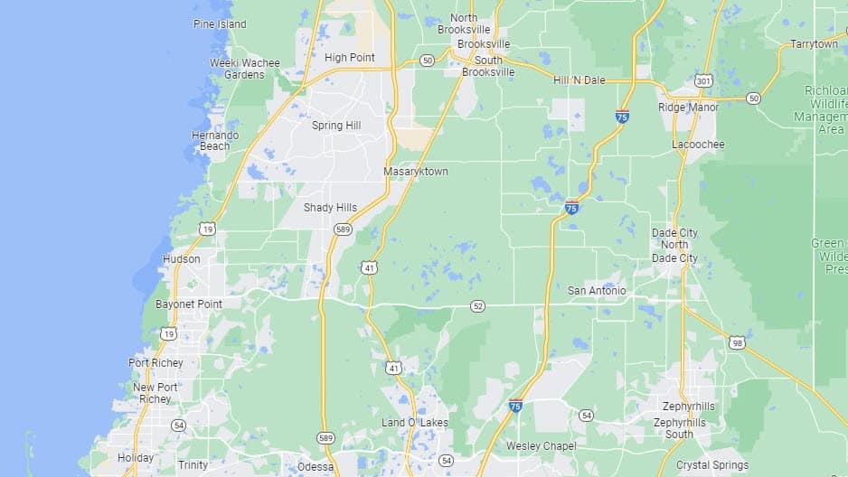 seamless gutters service map - hernando and pasco county fl